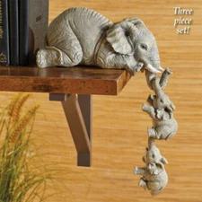3X Resin Elephant Sitter Figurines Mother and 2 Babies Hanging Off Edge For Gift