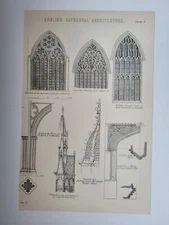 Antique Print 1870 English Cathedral Architecture Engraving Lincoln Cambridge