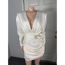House of CB Women's Ioana Dress Medium V neck Mini Long Sleeve Satin Ruched M11