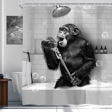Funny Monkey Shower Curtain 72Wx72H Inch Black White Animal Chimpanzee Singin...