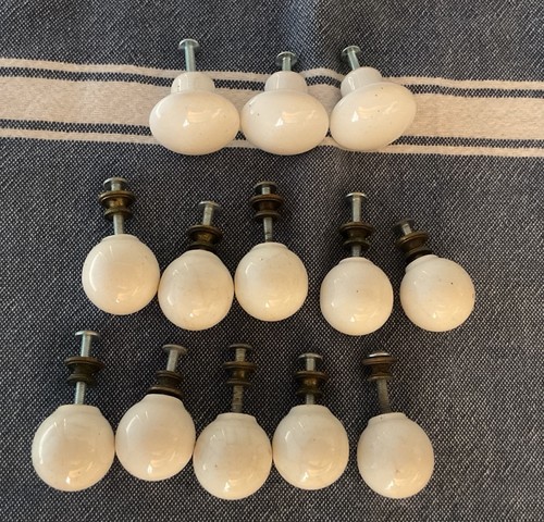 10 Vintage White Porcelain Drawer Pull Knobs Round 1" Ball W/Brass Spacers + 3