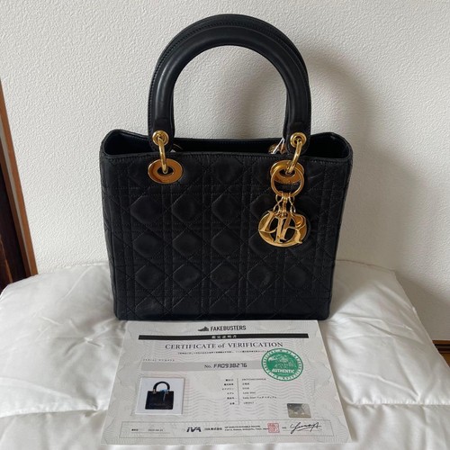 Christian Dior Lady Dior Medium Handbag Cannage Black Gold Hardware Pre-Owned