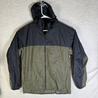 Uniqlo Rain Jacket Mens Large Green Black Packable Full Zip Hooded Ultra Light