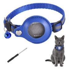 8.7"-13.4" Cat Tracker Collar with Leather Tracker Holder 2Pcs Black/Blue
