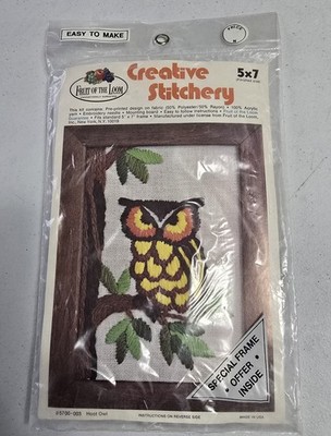 Hoot Owl in Tree Vintage Crewel Kit Fruit of the Loom 5x7 NOS