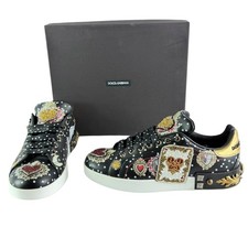 $1,295 DOLCE & GABBANA Portofino With Path Black Leather Me's Sneaker 41 - 8 US