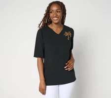 Quacker Factory Women's Top Sz L Palmetto Embellished Puff Elbow Black A693997
