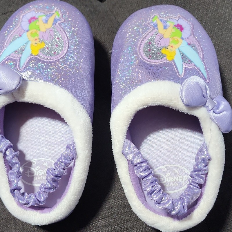 Disney Tinker Bell Girls Purple Glitter Bow Slip On Slippers Elastic Strap 11-12