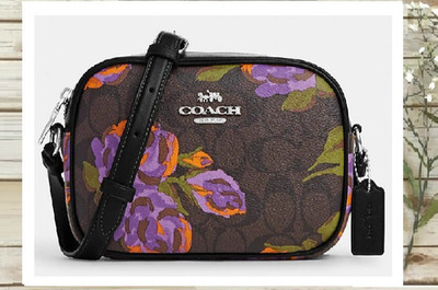 NWT COACH CL659 MINI JAMIE CAMERA X-body Bag SIG Rose Print In BROWN IRIS MULTI