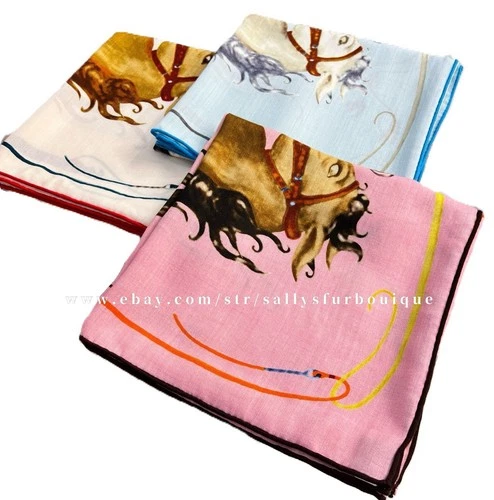 Sallys 70% Cashmere & 30% Silk Wrap Scarf Horses Print Double Face Shawl 53"