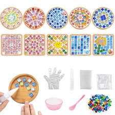 10 Sets DIY Glass Mosaic Tiles for Crafts Mixed Color Mosaic Kits with Wooden...