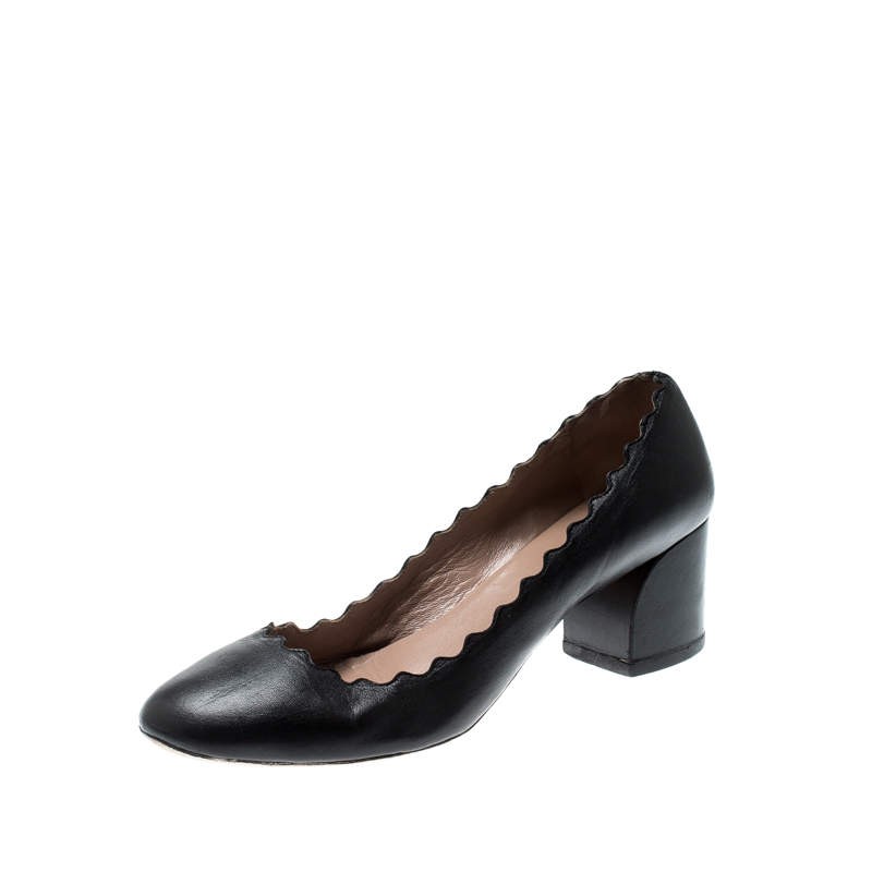Chloe Black Leather Lauren Scallop Trim Block Heel Pumps Size 385