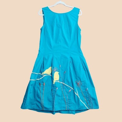 eshakti Custom Dress Womens Size Large Teal Bird Embroidered Pockets Fit Flare
