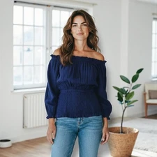 Étoile Isabel Marant Bertille Off Shoulder Crinkle Smoked Blouse Navy Size 1 / S