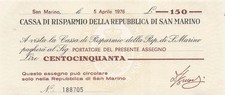 San Marino Republic  150  Lire   5.4.1976  S 101  Uncirculated Banknote G 37
