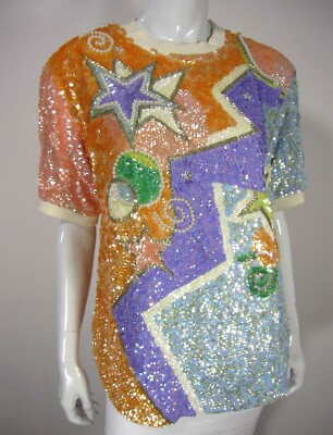 I B DIFFUSION NWT Short Sleeve Crew Neck Sequins Blouse Sz 6 Yellow Orange 250