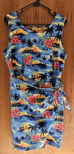 VTG Kilani Faux Wrap Hawaiian Print Dress SIZE LARGE BLUES Orange Blk USA MADE