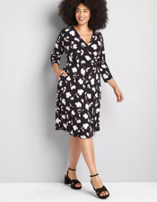 LANE BRYANT BLACK FLORAL CROSSOVER FLORAL FIT & FLARE DRESS Sz 34/36