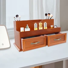 12Compartments Desktop Storage Organizer W/ 2Drawers Tabletop Wooden Storage Box