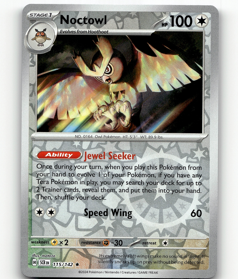 owl pokemon card Noctowl - 115/142 - Stellar Crown [Colorless][Colorless] Wing Attack 40 Reverse Holo - Noctowl Pokemon