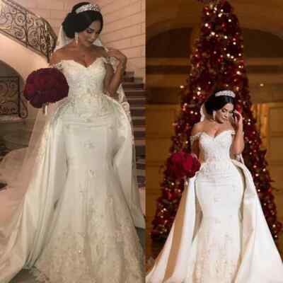 African Elegant Beaded Lace Wedding Dresses Detachable Train Applique  Mermaid | eBay