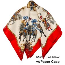 Mint Hermes Silk Scarf Carre 90 LES FETES DU ROI SOLEIL White Red w/Case Auth