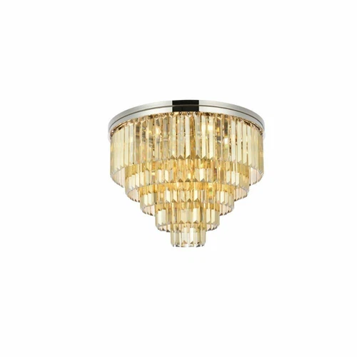 Large Polished Nickel Flush Mount Crystal Light Golden Teak Dining Room Fixture - Picture 4 of 8