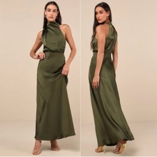 Lulus Distinctive Charm Olive Green Satin AsymmetricalMaxi Dress, SZ XL, NWT