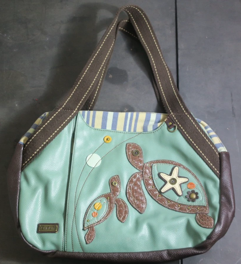 Chala Turtle Mom And Baby Vegan Leather Approx. 17" X 12” Tote Bag Purse Green - Image 2 of 4