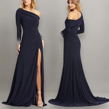 Mac Duggal Drop Shoulder Faux Wrap Navy Thigh Slit Jeweled Cuff Gown Dress Sz 4