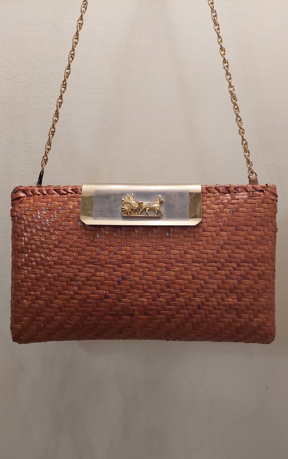 S. Freschi Borsa tracolla donna In Vimini intrecciata marrone catena oro Logo