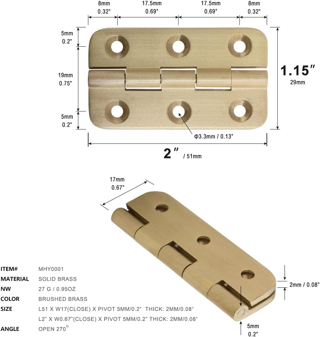 4 PCS Brushed Solid Brass Butt Hinges 2 Inch for Cabinet Doors, Trunks, Wood, Ch