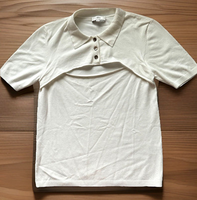 VINCe Top Womens Medium White Short Sleeved Front Cut Out Soft Knit Polo Shirt