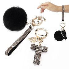 Initial Letter Keychain for Women Girl Bling Rhinestone Sparkly Bag T-black