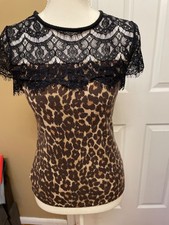 Small Lace Leopard Brown, Cream colors Wool Spandex Women Top 