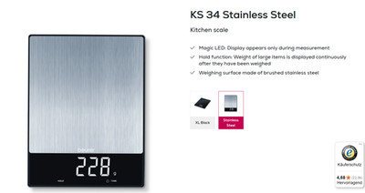 Beurer KS34 Digital Kitchen Scale - 33lbs Capacity, Black Glass