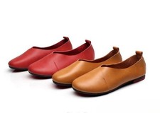 Women's Ladies Leather Slip On Round Toe Shoes Comfy Flat Loafer Casual Moccasin