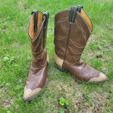 Vintage 70s Tony Lama Western Cowboy Boots Brown Leather Shark Wingtip Mens 9.5D