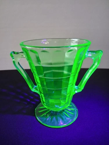 Anchor Hocking 4 1/4" Open Footed Sugar Block Optic Green Uranium Glass CHIP