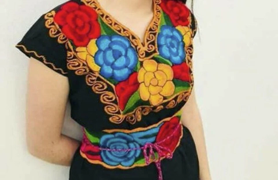 Vestido/camisa bordada para mujer cinturón floral étnico único Foto 3 de 4
