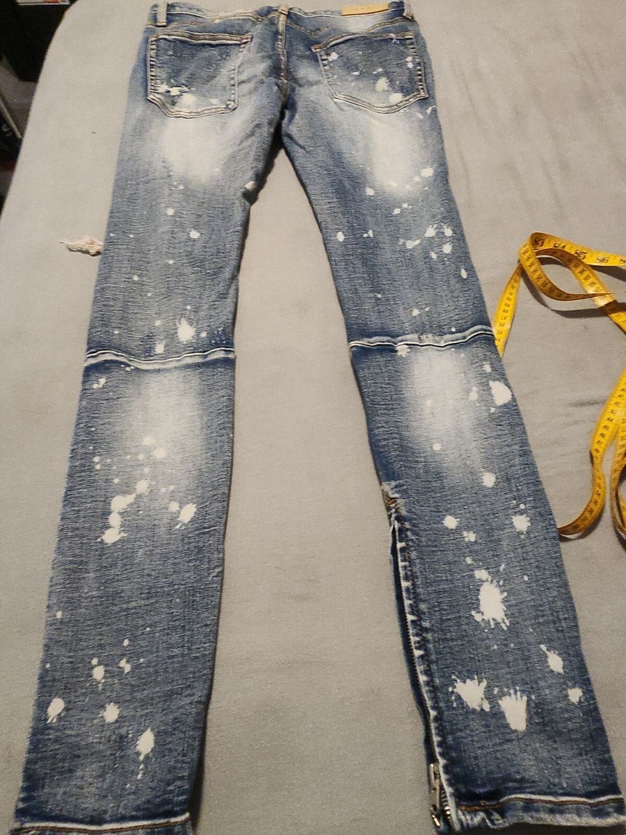 MNML Jeans Mens 32*x34 Slim Fit Blue Distressed Zip Ankle Button