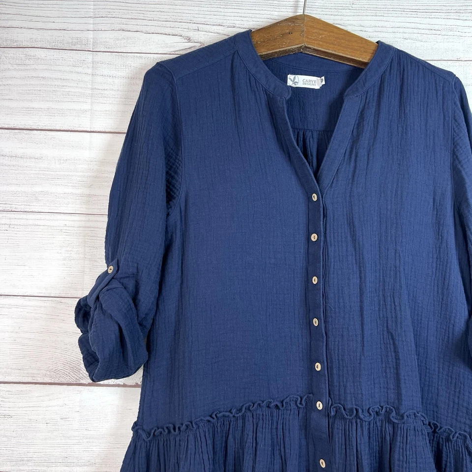 Vestido Carve Designs Blair Algodón Orgánico Botón Frontal Volantes Detalle Azul Marino Talla S Foto 4 de 4