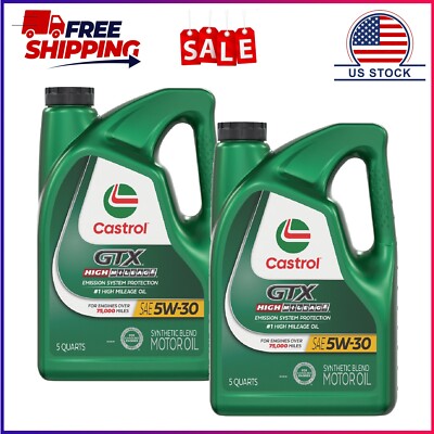(2 pack) Castrol GTX High Mileage 5W-30 Synthetic Blend Motor Oil, 5 Quarts