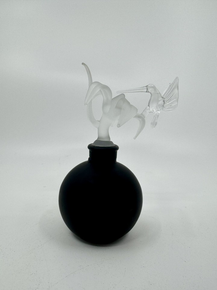 Vtg Golden Crown E & R Black Satin glass hummingbird floral perfume
