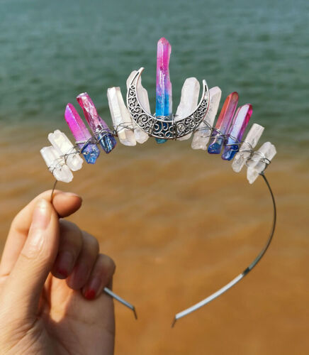 moon bridal headpiece wedding Crystal crown, aura Quartz wire tiara, Celestial - Afbeelding 1 van 20