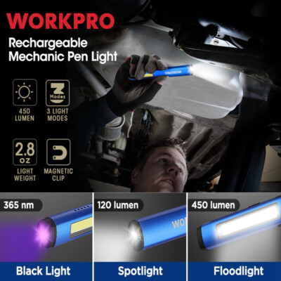 WORKPRO 450 Lumen Rechargeable LED Pen Light - USB Charging, UV Black Light, Pocket Flashlight