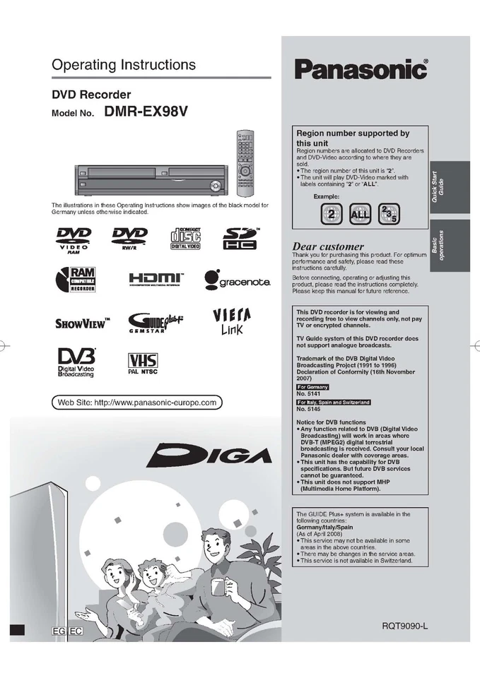 Operating Instruction Manual For Panasonic DMR-EX98V DVD PLAYER RECORDER 100p - Image 1 of 1
