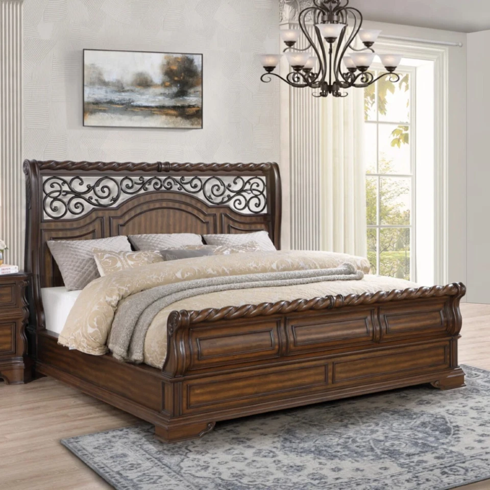 NEW Classic Sleigh King Queen 5PC Bedroom Set Traditional Walnut Brown B/D/M/N/C - Image 4 of 4