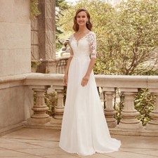 Elegant Half Sleeves Wedding Dresses Lace Applique Chiffon Train Bridal Gowns