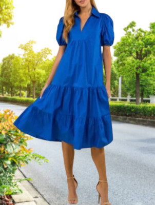 Zara V-Neck Oversized Tiered Midi Cobalt Blue Dress sz XS | eBay